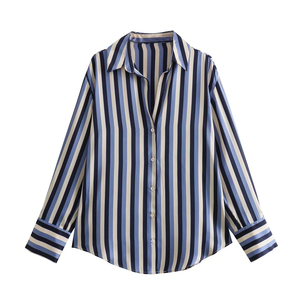 Camisa de mujer Fabricantes personalizados ODM Rayas Turn Down Collar Manga larga Button Down Tops Trabajo Oficina Blusas formales personalizadas - Product Image 5