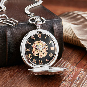 <span class=keywords><strong>Montre</strong></span> <span class=keywords><strong>de</strong></span> <span class=keywords><strong>poche</strong></span> mécanique automatique en alliage noir à lentille creuse, grande taille, style rétro, avec fonction heure mondiale, best-seller pour le commerce international - Product Image 4