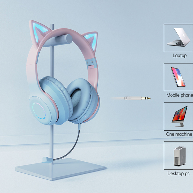 Cat Ear Gaming Headphones Wireless Bluetooth Headset LED Light Over Ear Headphones for Kids Gaming Music and Entertainment