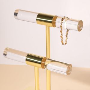 Exhibidor de Joyería, Soporte para Pulseras, Torre de Joyería Acrílica Transparente de 2 Niveles, Exhibidor de Mesa de Metal Dorado - Product Image 2