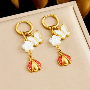 Cartoon Ladybug Butterfly Pearl Flower Drop Earrings Stainless Steel Zinc Alloy For Women Gift E6240 - Product Image 1