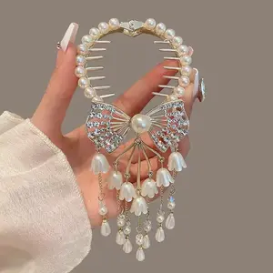 Fashion Flower Ponytail Button Meatball Head Plate Hair Clip For Women Crystal Hair Claw Women's Head Hairpin Pearl Hair Grab