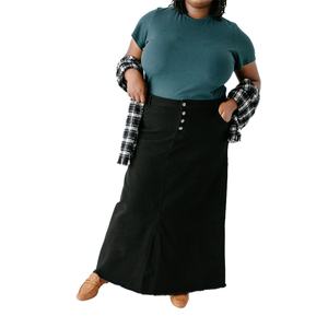 High-Waist <b>Button</b>-Down Flared Hem Long Skirt Customizable Women's Casual <b>Black</b> Denim Maxi Skirt - Product Image 5