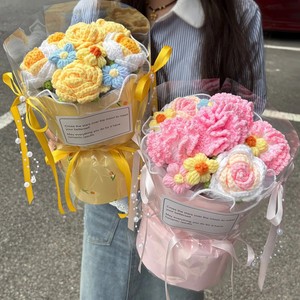 Ramo de Flores Tejidas a Mano <span class=keywords><strong>para</strong></span> el Día de la Mujer, 8 de Marzo, con Claveles y Rosas, Regalo <span class=keywords><strong>para</strong></span> <span class=keywords><strong>Niñas</strong></span>, Mamás y San Valentín - Product Image 1