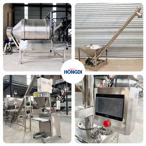 Ligne de mélange et de remplissage semi-automatique de poudres, mélangeur rotatif à tambour avec convoyeurs à vis et remplisseur vertical à vis sans fin pour aliments et épices - Product Image 5
