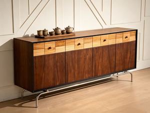 Premium Mid Century Modern Solid Wood <b>Sideboard</b> Large <b>Storage</b> Vintage Walnut Credenza With Metal Legs Retro Buffet Cabinet - Product Image 3
