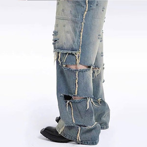 YUCE Jeans personnalisés Y2K, <span class=keywords><strong>coupe</strong></span> ample, jambe large, délavés, déchirés, rétro, streetwear, denim, pantalon, jeans délavés lourds, style cowboy pour hommes - Product Image 3