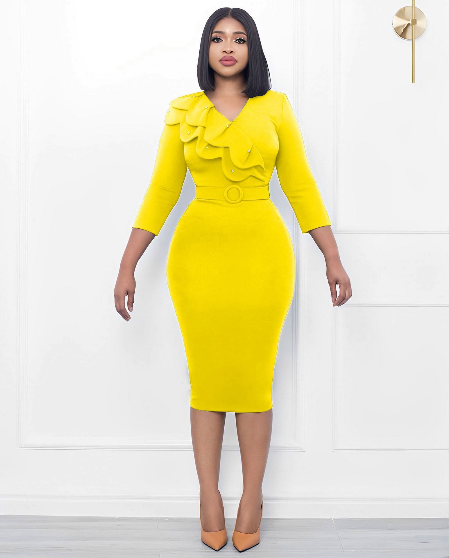 Women Summer Double Collar V-neck Beads Africa Dresses Office Lady