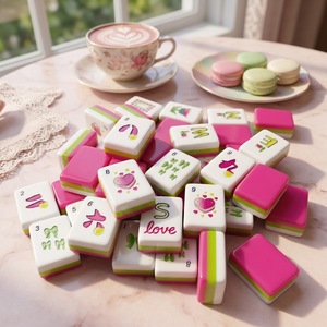 Juego <span class=keywords><strong>de</strong></span> Mahjong Americano Kawaii Heart, Completo con 166 Fichas Acrílicas, Diseño Rosa y Verde, con Empujadores - Product Image 2
