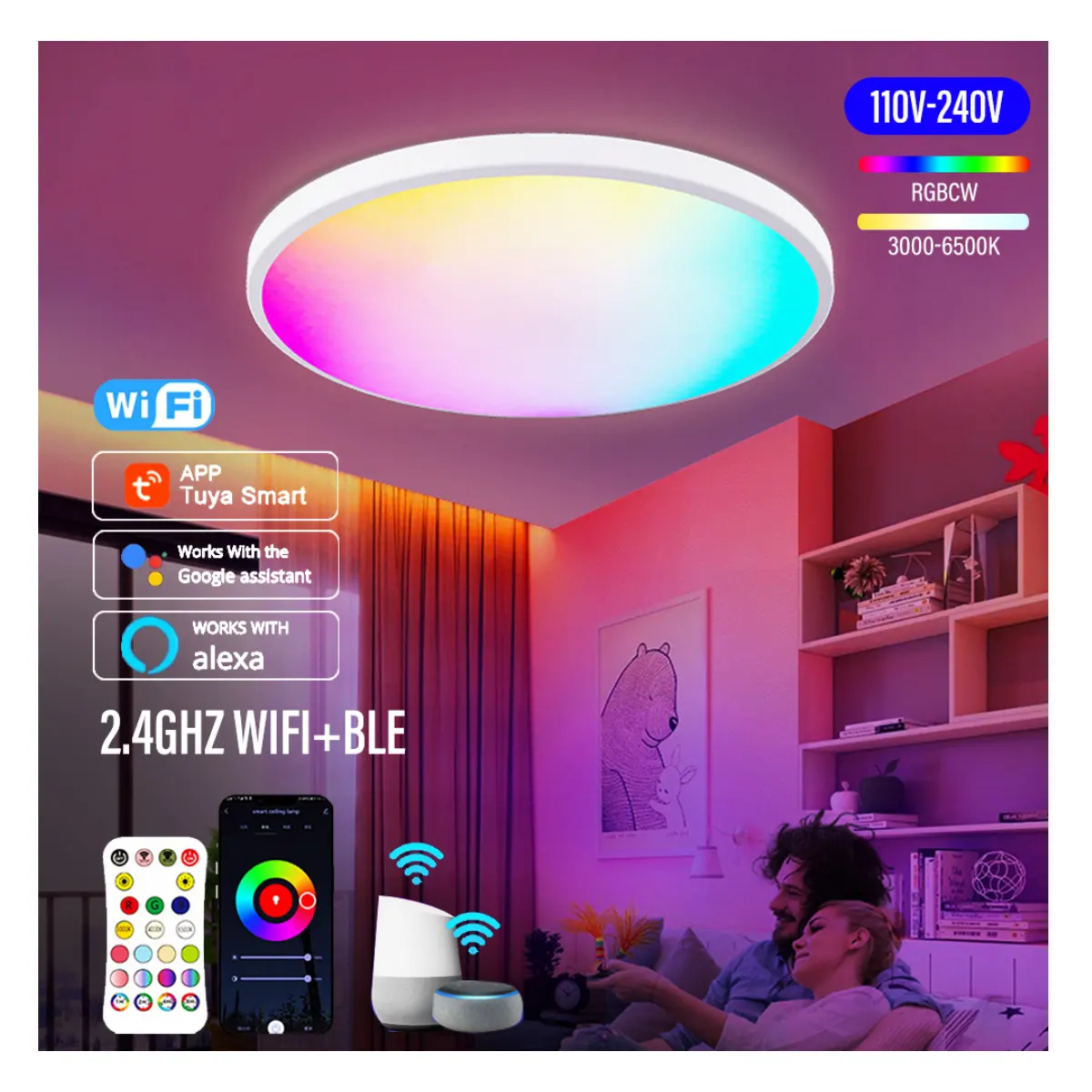 RGBW Indoor Smart Flush Mount Led Ceiling Light Dimmable Color Changing Led Ceiling Lamp with Tuya Google Alex Control