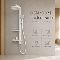Colonne de douche murale en acier inoxydable blanc avec pommeau de pluie, douchette à jet doux, support de rangement et commande à bouton-poussoir pour hôtel