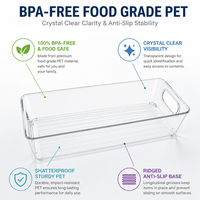Conteneur de rangement en PET transparent, long et étroit, de qualité alimentaire, bac organisateur étroit pour réfrigérateur et garde-manger avec deux poignées