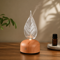 Diffuseur d'arômes en verre à motif de feuilles avec boîtier en bois, humidificateur à brume fine pour huiles essentielles, vaporisateur décoratif pour la relaxation