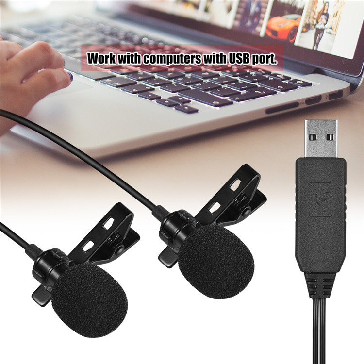Micrófono de solapa Lavalier con doble cabezal USB micrófono para ordenador omnidireccional con Clip para grabación de vídeo Windows Mac