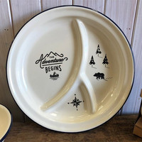 Assiettes émaillées vintage épaisses pour hôtel, 9 et 10 pouces, personnalisables avec logo imprimé, forme plate, pour service alimentaire, blanches avec bord noir