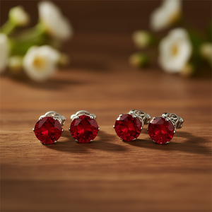 Orecchini a Perno E1173 Rosso Melograno, Taglio Brillante Rotondo, Montatura a Castone, in Lega di Zinco, Gioielli Classici Unisex alla Moda - Product Image 2