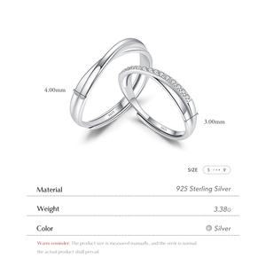 Rắn 925 Sterling Bạc Dòng Twining Lãng Mạn Có Thể Điều Chỉnh Cổ Điển Cưới Engagement Zirconia Vài Nhẫn Cho Phụ Nữ Người Đàn Ông - Product Image 3