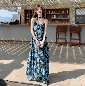 Abito da donna blu floreale con spalline sottili per vacanze al mare, cardigan <span class=keywords><strong>in</strong></span> <span class=keywords><strong>maglia</strong></span> primaverile ed estivo, elegante <span class=keywords><strong>vestito</strong></span> da spiaggia <span class=keywords><strong>in</strong></span> chiffon - Product Image 2