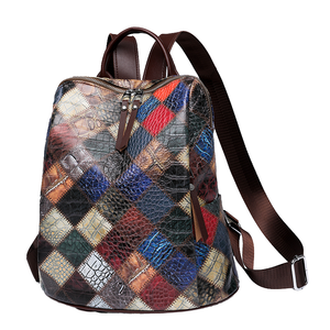 Royaa 2025 Women's Square Large Capacity Anti-Theft Waterproof PU Geometric Patchwork <b>Backpack</b> Arcuate Shoulder Strap Polyester - Product Image 4