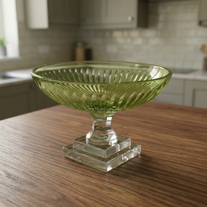 Cuenco de cristal verde con diseño acanalado y base cuadrada, florero contemporáneo para mesa - Product Image 1