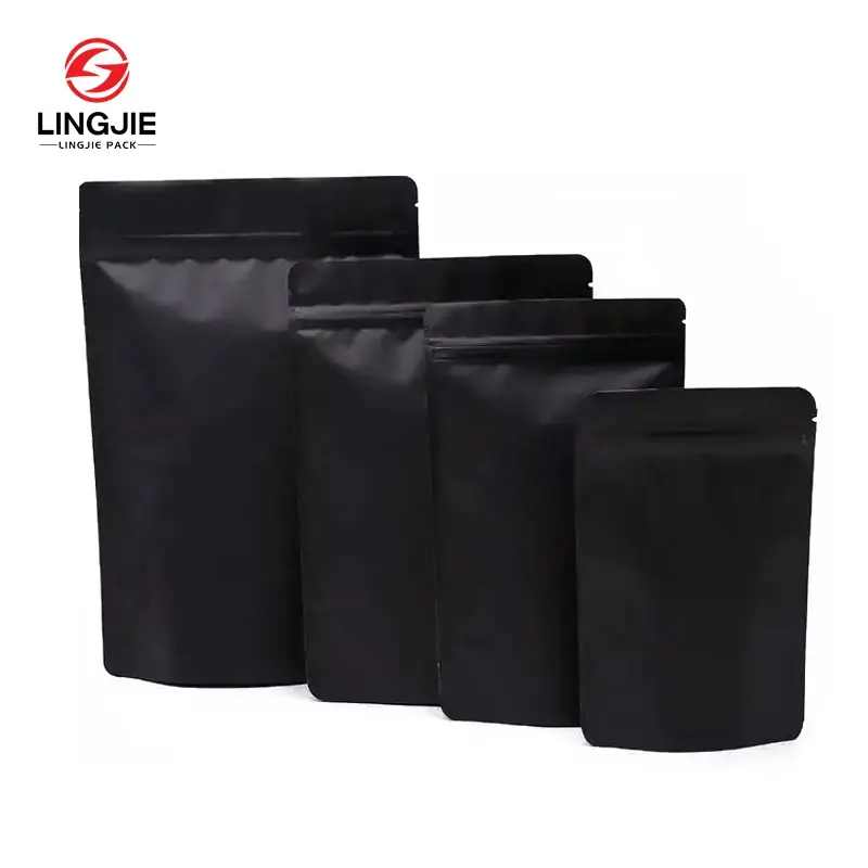LingJie Individuelles Design schwarzer matter wiederverschließbarer reißverschluss-verpackungsbeutel mit reißverschluss aus aluminium mattierter reißverschluss-verschlussbeutel