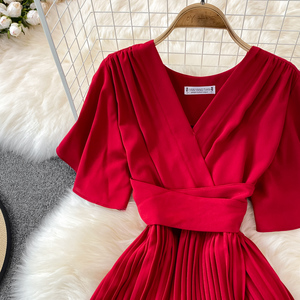 Short Sleeve V-neck Solid Pleated <strong>Dress</strong> Draped <strong>Chiffon</strong> High Waist Maxi <strong>Dress</strong> Ladies <strong>Casual</strong> <strong>Dress</strong> Clothes Women Wholesale - Product Image 6