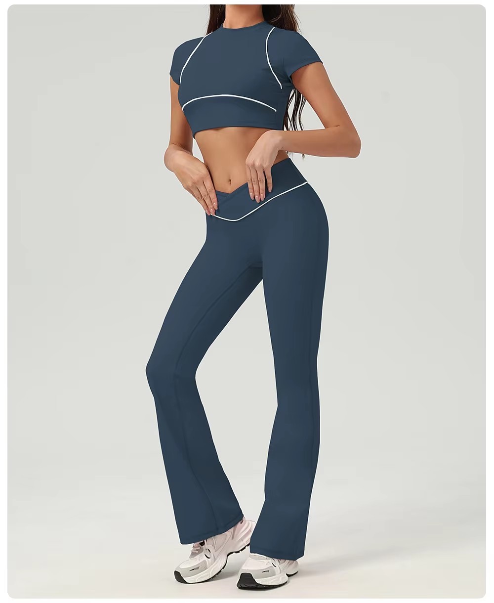 Custom Yoga Set Women 2 Pieces Short Sleeve Crop Top And Flare Leggings Set High Waist Workout Gym Outfit OEM Custom Logo