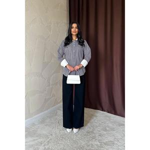 Chemise à manches longues en popeline rayée noire pour femme, chemisier classique de bureau à boutons, couleur contrastée - Product Image 4