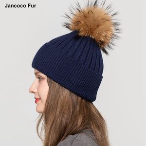 Chapeaux en angora pour femmes avec <span class=keywords><strong>pompon</strong></span> en fourrure de raton laveur naturelle, <span class=keywords><strong>bonnet</strong></span> tricoté tendance, chapeau d'hiver chaud S7628 - Product Image 5