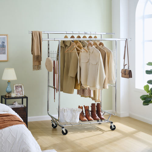 Double Rod Clothes Rack Adjustable Rolling
