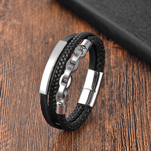 Fashionable Mens Multi-Layer Braided <b>Leather</b> <b>Bracelet</b> With Stainless Steel Chain | Genuine <b>Leather</b> Wristband With Magnetic Clasp - Product Image 2