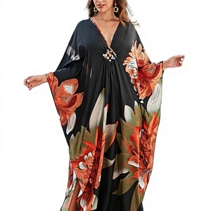 Floral V Neck Maxi Abaya <b>Dress</b> Batwing Sleeve <b>Loose</b> Fit Beaded Slit Hem Women's Summer Wedding Elegant Quick Dry Breathable - Product Image 1