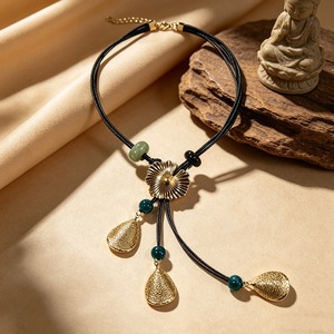 Bohemian Leather Cord Necklace Gold Ginkgo Leaf Hollow Cone Pendant Teal Bead Adjustable Women Beach Vacation Neck Jewelry - Product Image 4