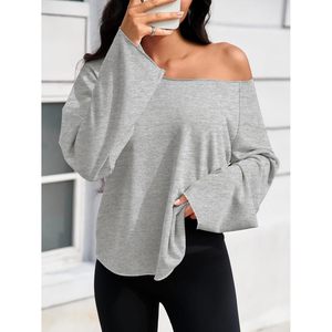 Sweat-shirt asymétrique à épaules dénudées pour femme, manches longues, tricoté, coupe ample, gris, respirant, léger - Product Image 3