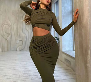 Primavera nuevo cuello redondo Irregular manga larga abierto ombligo superior Casual media falda conjunto de <span class=keywords><strong>mujer</strong></span> - Product Image 2