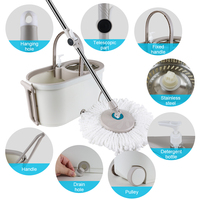 Système de nettoyage de sols rotatif 360° avec seau et serpillière pour sols durs, carrelage et pierre, pour intérieur, avec 2 roues et panier de rangement