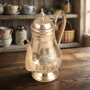 Pot à eau vintage en métal avec couvercle et poignée, design décoratif en relief - Product Image 4