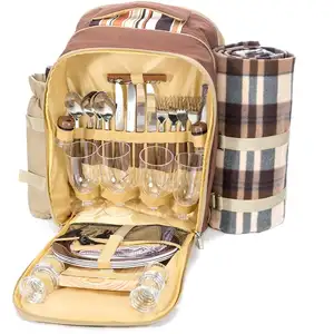 Picknick Rucksack Korb Wein kühler Stilvoll Alles in einem 4 Personen Komplettes Geschirrset Wasserdichte Fleece Tragbare Picknick tasche