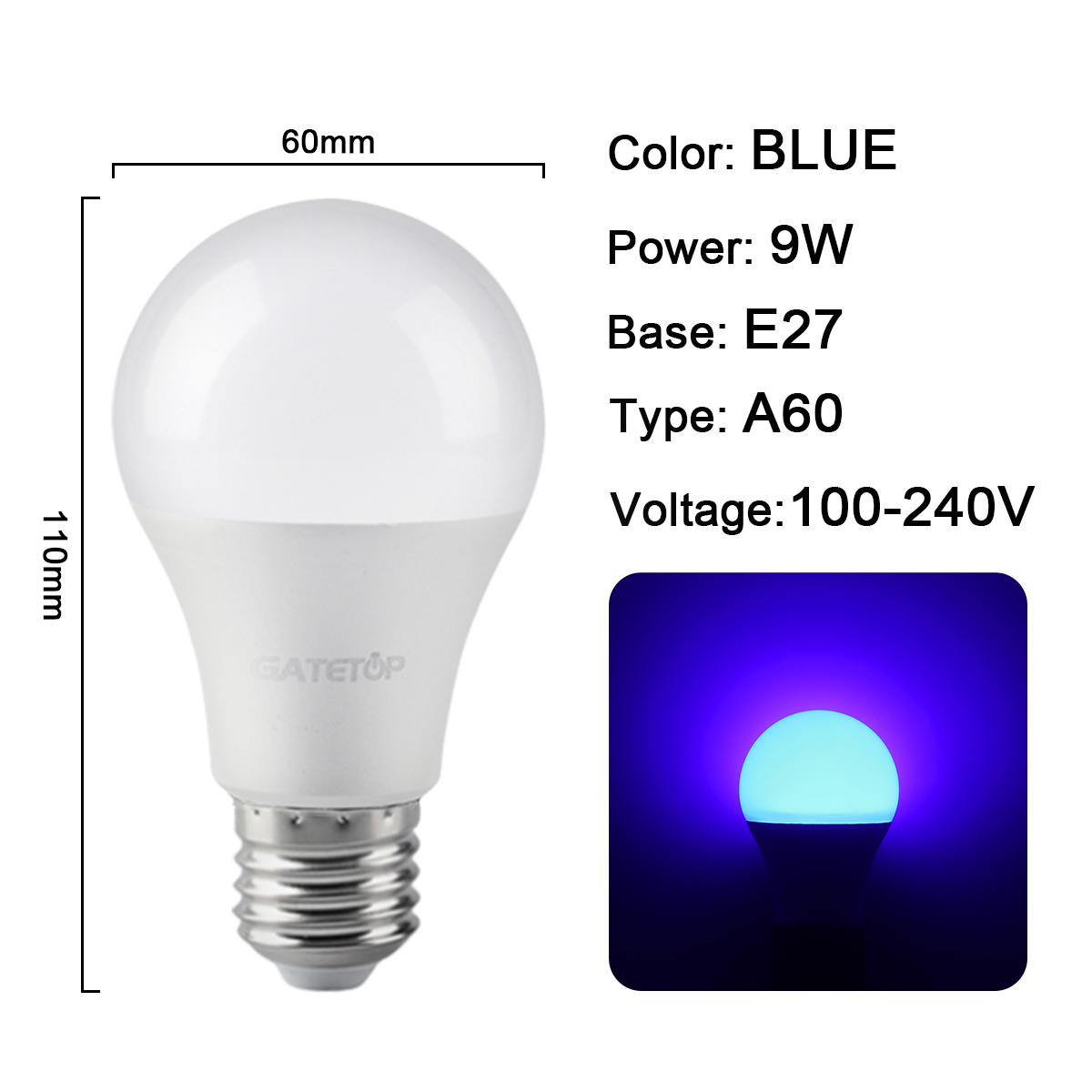 A60 9W E27 Azul