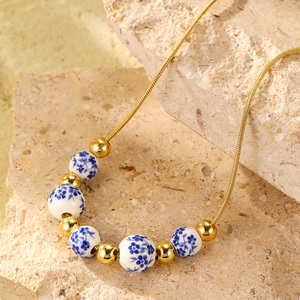 18-каратное Золотое ожерелье из нержавеющей стали винтажный синий фарфор кулон китайская керамическая бижутерия традиционное элегантное женское ожерелье - Product Image 4