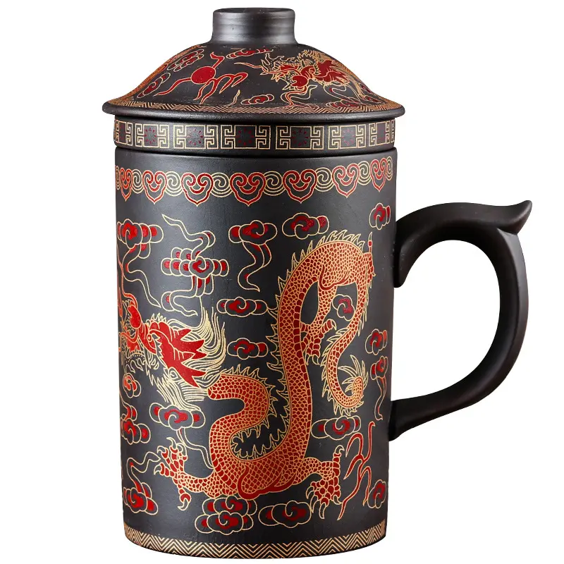 Taza de té de arcilla púrpura de dragón chino tradicional con tapa, colador Retro hecho a mano, Yixing Zisha taza de té, vaso de regalo
