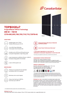 Panneaux solaires monocristallins bifaciaux Topcon 690W 700W 710W 720W N pour usage commercial et agricole, type 1A, prix compétitif, modèle CS7N-690~720TB-AG - Product Image 2