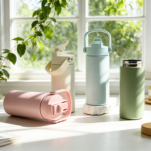 Custom Portable Hiking & Gym Leak-proof Stainless Steel <b>Flask</b> 14oz Sports Water Bottle with Carry Handle & Dust-cap Straw - Product Image 1