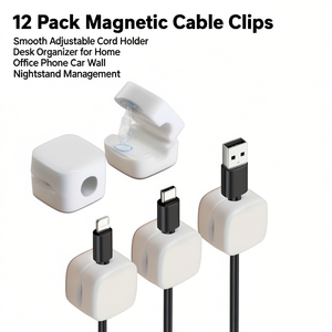 Lot de 12 clips de câble magnétiques support de cordon réglable lisse organisateur de bureau pour la gestion de table de chevet murale de voiture de téléphone de bureau à domicile - Product Image 1