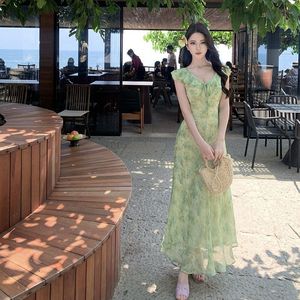 Abito lungo estivo da donna verde con stampa floreale, <span class=keywords><strong>maniche</strong></span> a volant, scollo a V, laccio frontale, vestibilità slim, orlo a sirena - Product Image 2