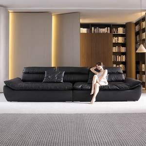 أريكة مقطعية سوداء عتيقة حديثة من الجلد الطبيعي ذات مقعد عريض للغاية من الطبقة الأولى من جلد البقر غرفة المعيشة العميقة طراز نورمكور - Product Image 3