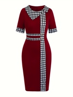 Personnalisé OEM ODM Elégant Robe Mi-Longue Moulante Pied-de-poule avec Bouton pour Femmes Robe d'été en Tricot à Manches Courtes