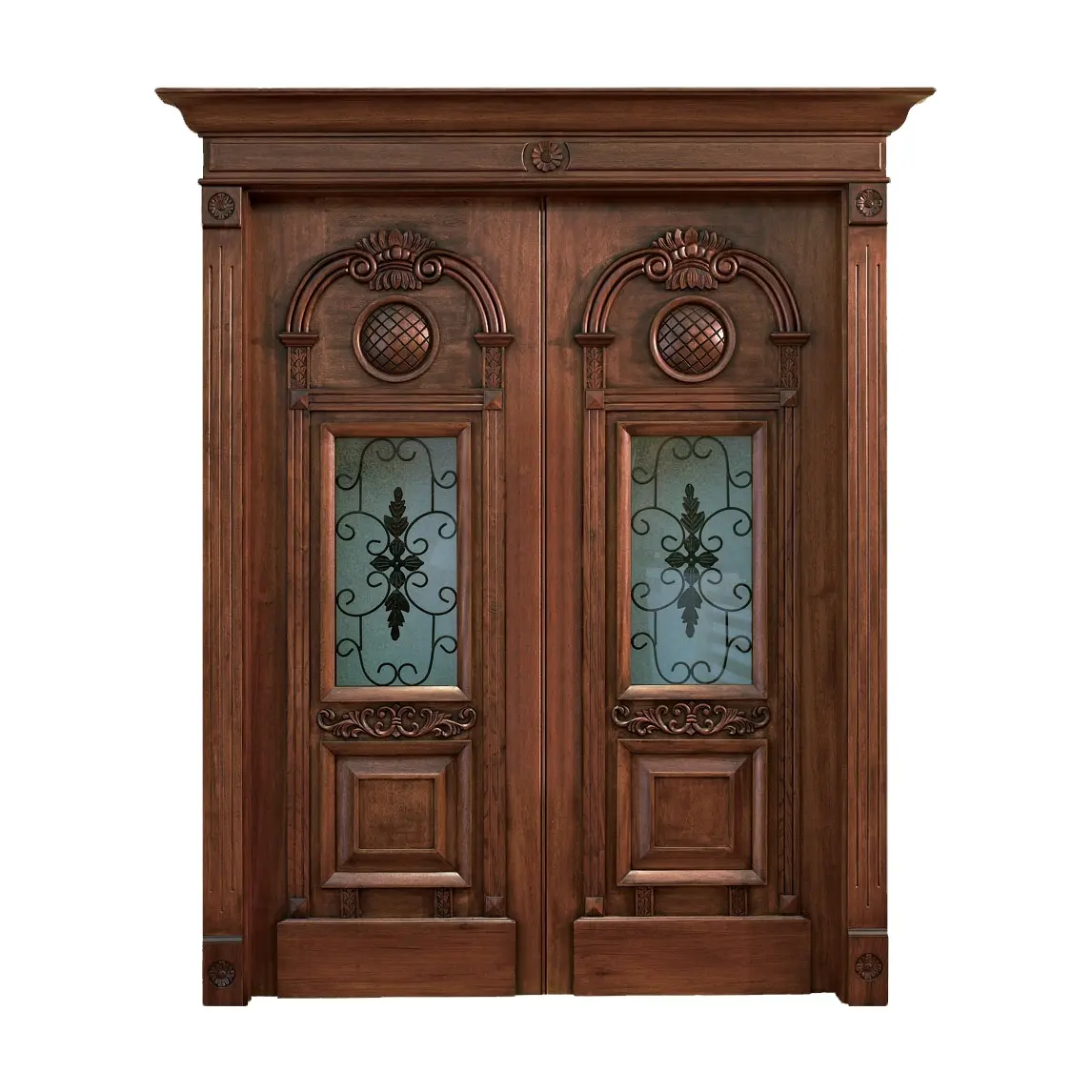 باب مدخل فيلا طراز كلاسيكي من كاسين CASEN باب مزدوج من الخشب الصلب بتصميم زجاجي وفني أوروبي شائع