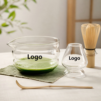 Ensemble de thé matcha en verre côtelé transparent de haute qualité avec bec verseur et support pour fouet, bol transparent pour les débutants en matcha