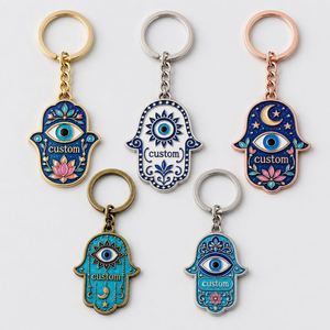 Porte-clés Hamsa personnalisé en alliage de zinc émaillé, impression UV, amulette œil protecteur mystique, chaîne religieuse islamique, pour voyage - Product Image 1